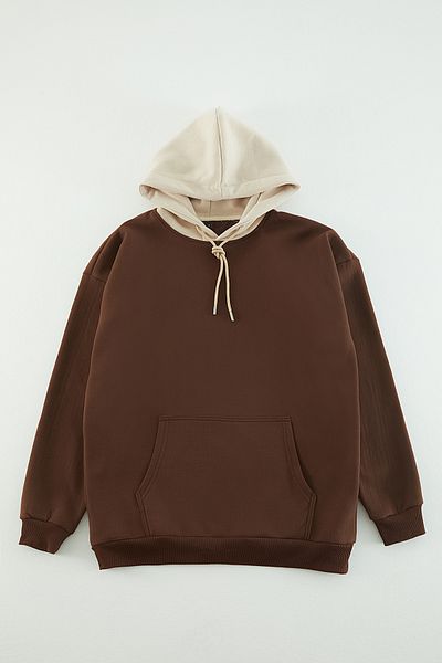 Trendyol Collection Суичър от полар с щампа с качулка - кафяв, голям размер, топъл TMNAW23SW00023