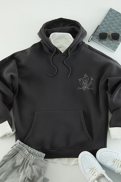 Trendyol Collection Φούτερ φλις με κουκούλα ανθρακί μεγάλου μεγέθους - TMNAW24sw00100