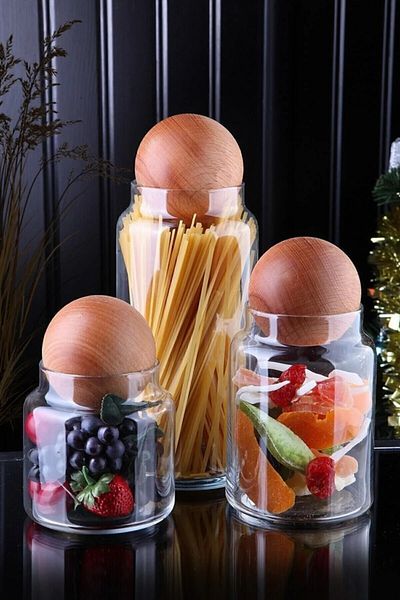 MİEN 3-Piece Glass Jar Set with Wooden Ball Lid