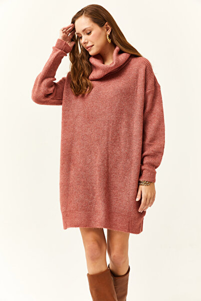 Olalook Kadın Gül Kurusu Degaje Yaka Yumuşak Dokulu Triko Tunik Elbise