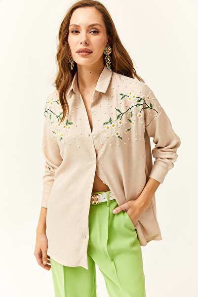 Olalook Kadın Taş Nakışlı İncili Yün Efektli Oversize Kışlık Gömlek