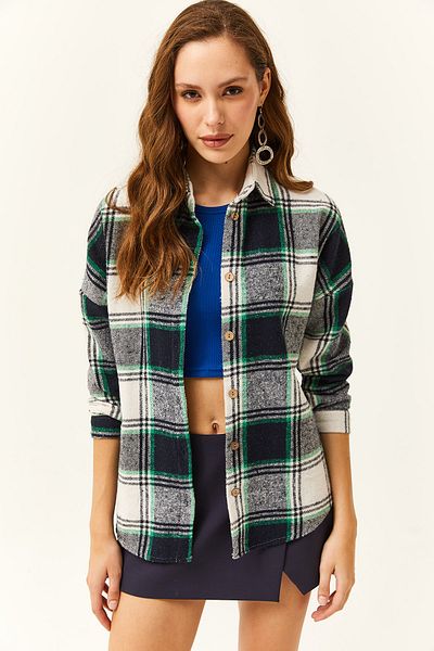 Olalook Women's Ecru Green Plaid Lumberjack Shirt