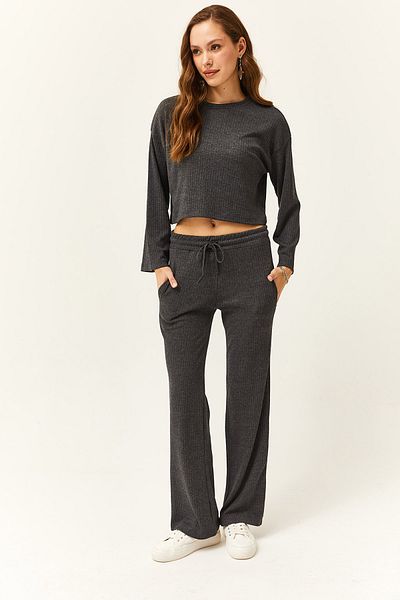 Olalook Damen Anthrazit Oberteil Lockere Bluse Unterteil Tasche Hose Set