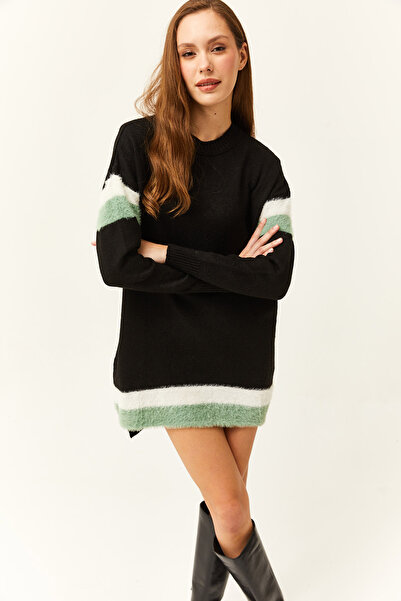 Olalook Kadın Siyah Şerit Detaylı Yumuşak Dokulu Triko Tunik Elbise