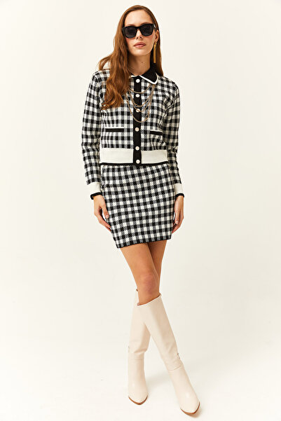 Olalook Women's Black Top Buttoned Cardigan Bottom Mini Skirt Knitwear Set