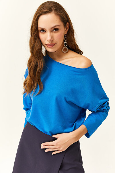 Olalook Hanorac subțire cu textura moale imprimat cu guler murdar albastru pentru femei