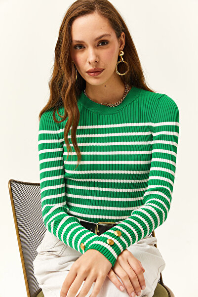 Olalook Γυναικεία Πλεκτή Μπλούζα με κουμπιά με κουμπιά πράσινη φιστικί Αιγίνης Lycra