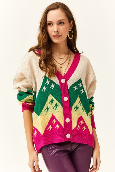 Olalook Women's Ecru Zigzag Patterned Knit Cardigan