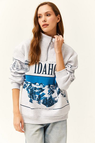 Olalook Γυναικείο φούτερ Oversize με ψηλό γιακά με φερμουάρ σε γκρι μελανζέ