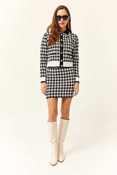 Olalook Women's Black Top Buttoned Cardigan Bottom Mini Skirt Knitwear Set