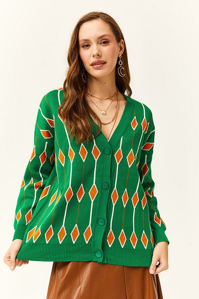 Olalook Women's Grass Green Diamond Patterned Oversize Knitwear Cardigan Hrk- 19000244