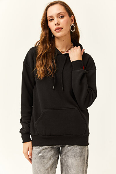 Olalook Kadın Siyah Kalp Baskılı İçi Polarlı Oversize Sweatshirt