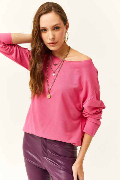 Olalook Dámská tenká mikina s fuchsiovým špinavým límcem s potiskem měkké textury