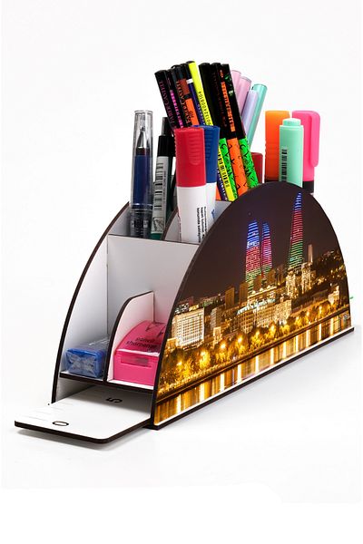 kutuTR Wooden VİP Türkiye-Azerbaycan Series Rainbow Ruled Desktop Pen Holder Organizer with Assembled Box