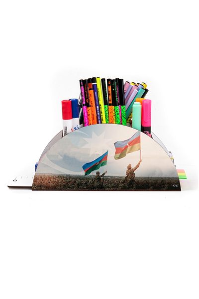kutuTR Wooden VİP Türkiye-Azerbaycan Series Rainbow Ruled Desktop Pen Holder Organizer with Assembled Box