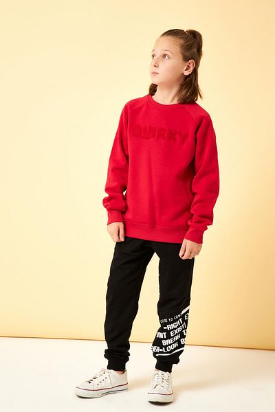 Perendi Unisex Παιδικό φούτερ - Crew Neck, Κέντημα Süzene, Regular Fit, Κόκκινο