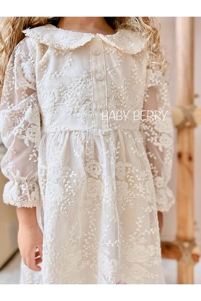 Baby Berry Baby store Baby Girl Child Floral Patterned Bebe Collar Vintage Model Special Day Party Birthday Lace Dress - Ecru