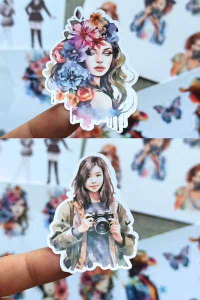 Mona Craftist ملصق فتاة مكون من 4 أوراق بألوان مائية وزهور ملونة