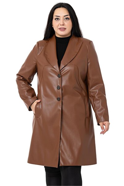 DISENTIS MODEST Large Size Pocketed Button Closure Lined Leather Brown Coat