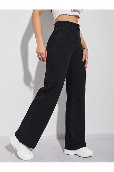 BROSERER Tanyaa Lycra Women's Black High Waist Wide Leg Loose Jeans