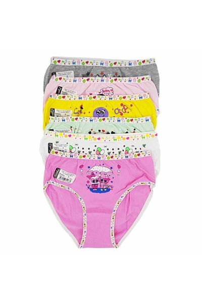 Tutku Cotton Girls' Front Printed Mixed Multicolored Lycra Elastane Daily Bato Panties 6 Pcs 0832