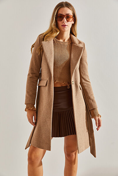 Bianco Lucci Women's Single Button Belted Lined Cashew Coat