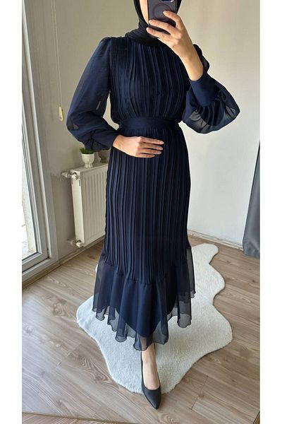 BestShopping Janjan Pleated Evening Dress Navy Blue
