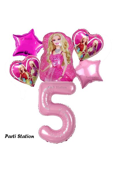 Parti Station 5 Years Old Barbie Foil Balloon Set - Pink Heart Pattern, for Birthday