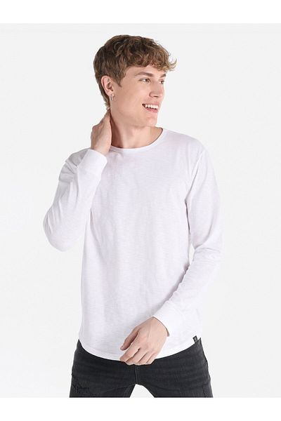 Colin's Tricou cu mânecă lungă pentru bărbați, cu decolteu rotund, alb de bază