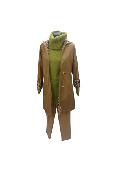 ZY BUTİK TABA KOLLARI KATLAMALI KAPÜŞONLU LEOPAR DESENLİ ASTARLI TRENÇKOT