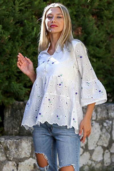 Chiccy White Full Collar Frilly Sleeve Embroidered Woven Casual Blouse