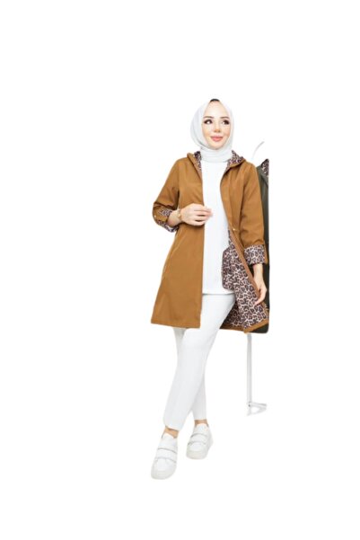 ZY BUTİK TABA KOLLARI KATLAMALI KAPÜŞONLU LEOPAR DESENLİ ASTARLI TRENÇKOT