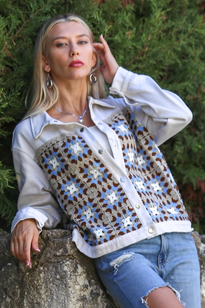 Chiccy Μπεζ-Μπλε πουκάμισο με μακρύ μανίκι με κουμπιά πλεκτό γαρνιρισμένο υφαντό casual μπουφάν