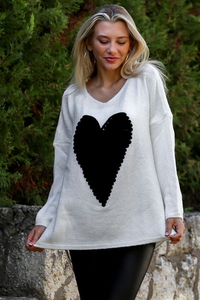 Chiccy Pulover casual alb cu decolteu în V, cu mâneci lungi, cu aplicații