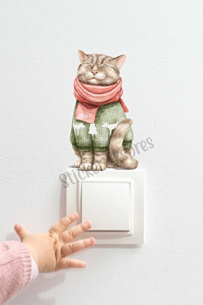 Sticker Ekspres Sevimli Yılbaşı Kedisi K9 Yeni Yıl Priz Sticker