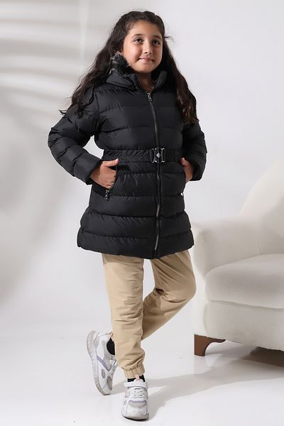 Talsmoda TALS FASHION BLACK GIRL'S COAT WITH POLAR INSIDE AND BELT DETAIL