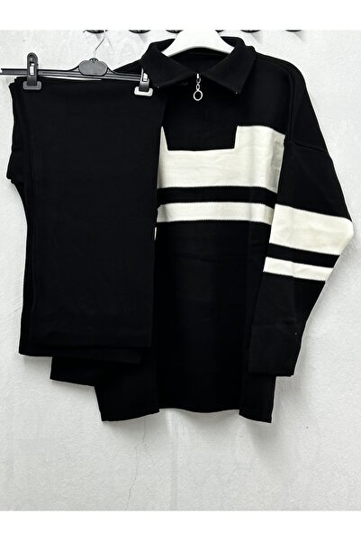 Melike Tatar Black Striped Zippered Collar Knitwear Suit 21342