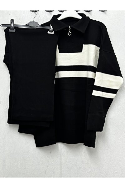 Melike Tatar Black Striped Zippered Collar Knitwear Suit 21342