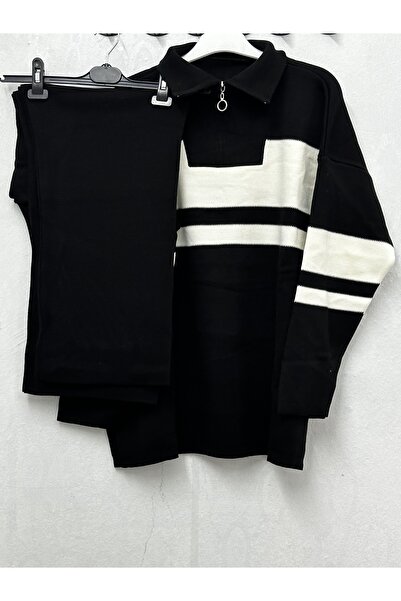 Melike Tatar Black Striped Zippered Collar Knitwear Suit 21342