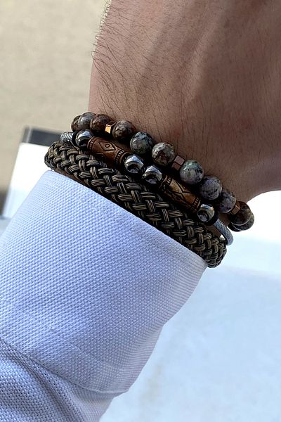TAKIPORT Luxury Men's Leather, Steel Bracelet Combination