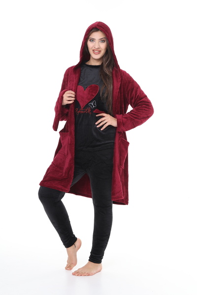 mervemoda Γυναικεία βελούδινη ρόμπα 3 τεμαχίων, ύφασμα υψηλής ποιότητας ultra welsoft