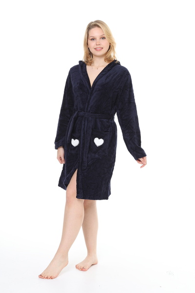 mervemoda Γυναικείο κέντημα Navy blue ultra welsoft με κουκούλα υψηλής ποιότητας ρόμπα