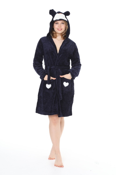 mervemoda Γυναικείο κέντημα Navy blue ultra welsoft με κουκούλα υψηλής ποιότητας ρόμπα
