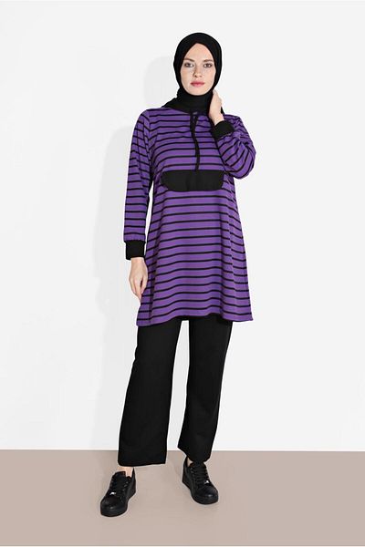 TRENDTESETTÜR Women's Purple Striped Hooded Tracksuit 2426