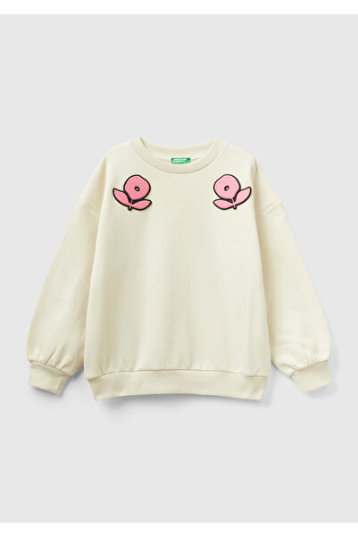 United Colors of Benetton Бежов суичър с флорални шарки за момиче