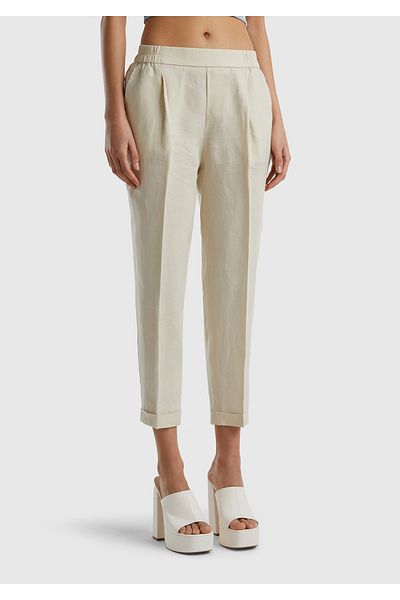 United Colors of Benetton Beige Linen Trousers - Women'S, Elastic Waist
