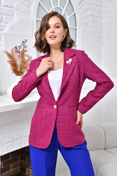 nodilife Broşlu Örgü Kumaş Ceket Mürdüm