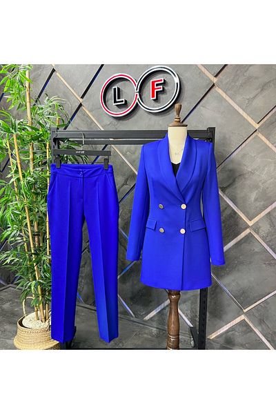 nodilife 4 Button Shawl Collar Suit Saks Blue