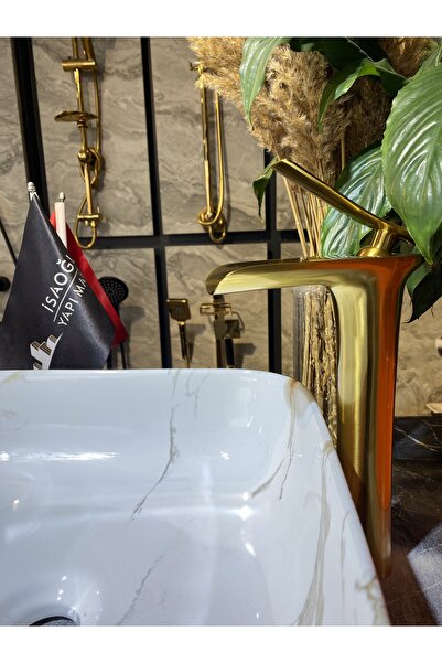 İSAOĞLU YAPI Mat Gold Çanak Lavabo Bataryası Şelale Lavabo Musluğu Fırçalanmı...