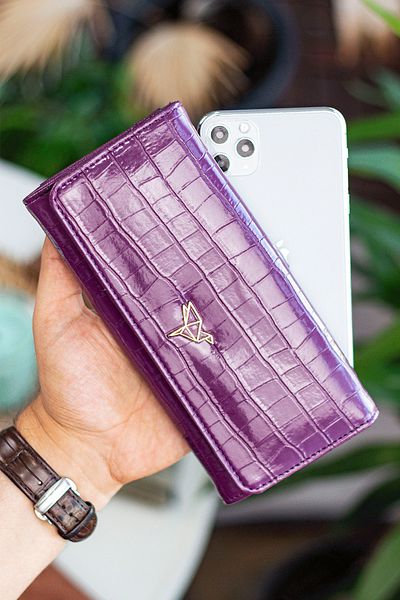 Garbalia Portofel pentru femei, elegant, din piele tehnologică, cu model de crocodil violet, cu o mulțime de suporturi pentru carduri și compartiment pentru monede